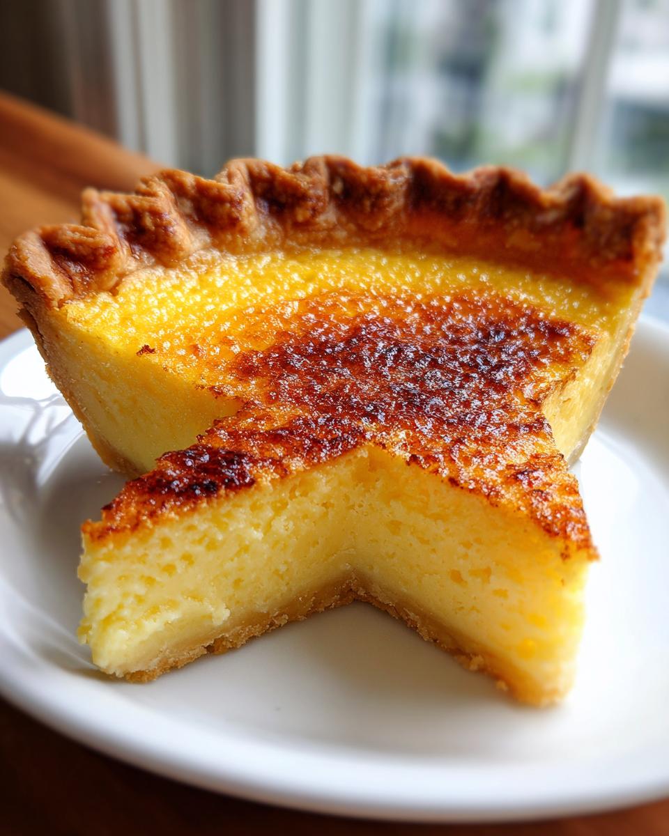 A close-up of a slice of creamy buttermilk pie showing the rich yellow filling and a deeply caramelized, slightly burnt top crust.