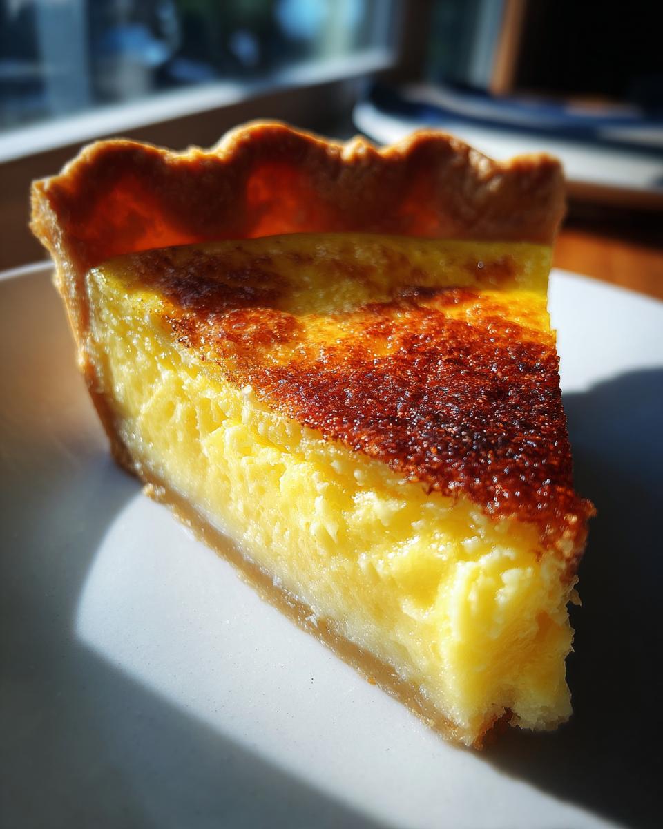 Close-up of a rich, yellow slice of buttermilk pie showing a beautifully browned top and flaky crust.