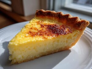 A close-up slice of creamy buttermilk pie showing a golden, slightly brûléed top crust on a white plate.