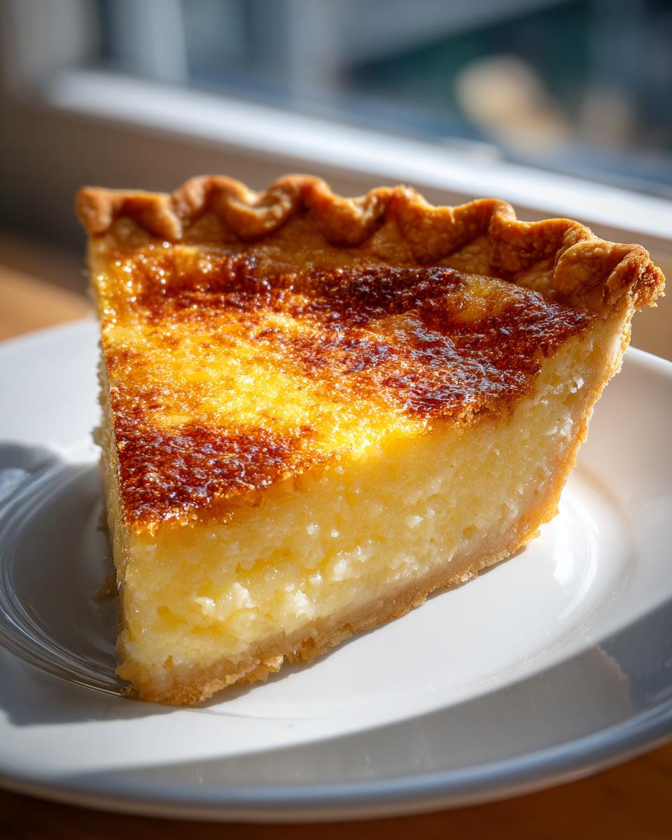 A close-up slice of rich, creamy buttermilk pie with a beautifully caramelized top, served on a white plate.