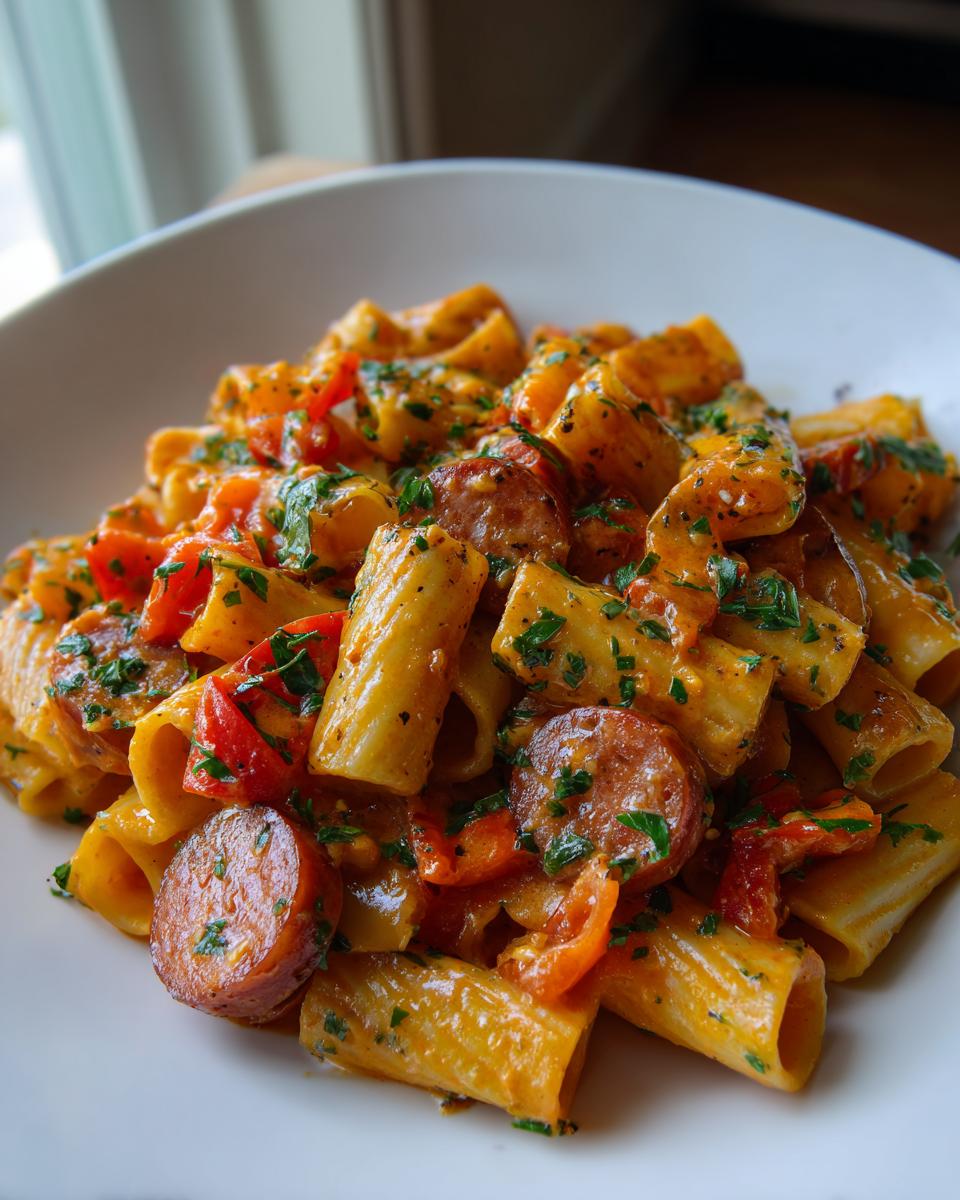 Close-up of a hearty serving of cajun sausage pasta with rigatoni, sliced sausage, and red peppers, garnished with parsley.