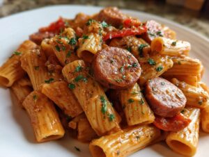 A close-up serving of creamy cajun sausage pasta featuring thick rigatoni noodles and sliced, browned sausage.