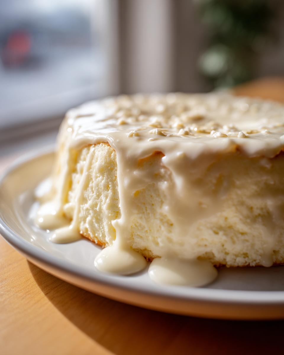 A light, fluffy cake covered in a thick, creamy white pizza sauce glaze, served on a white plate.