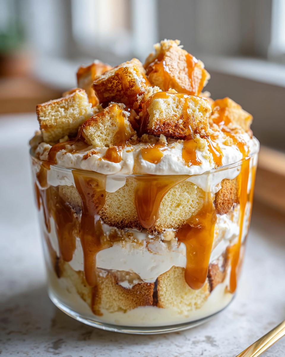 Close-up of a decadent caramel apple trifle layered with cake cubes, cream, and drizzled heavily with caramel sauce.