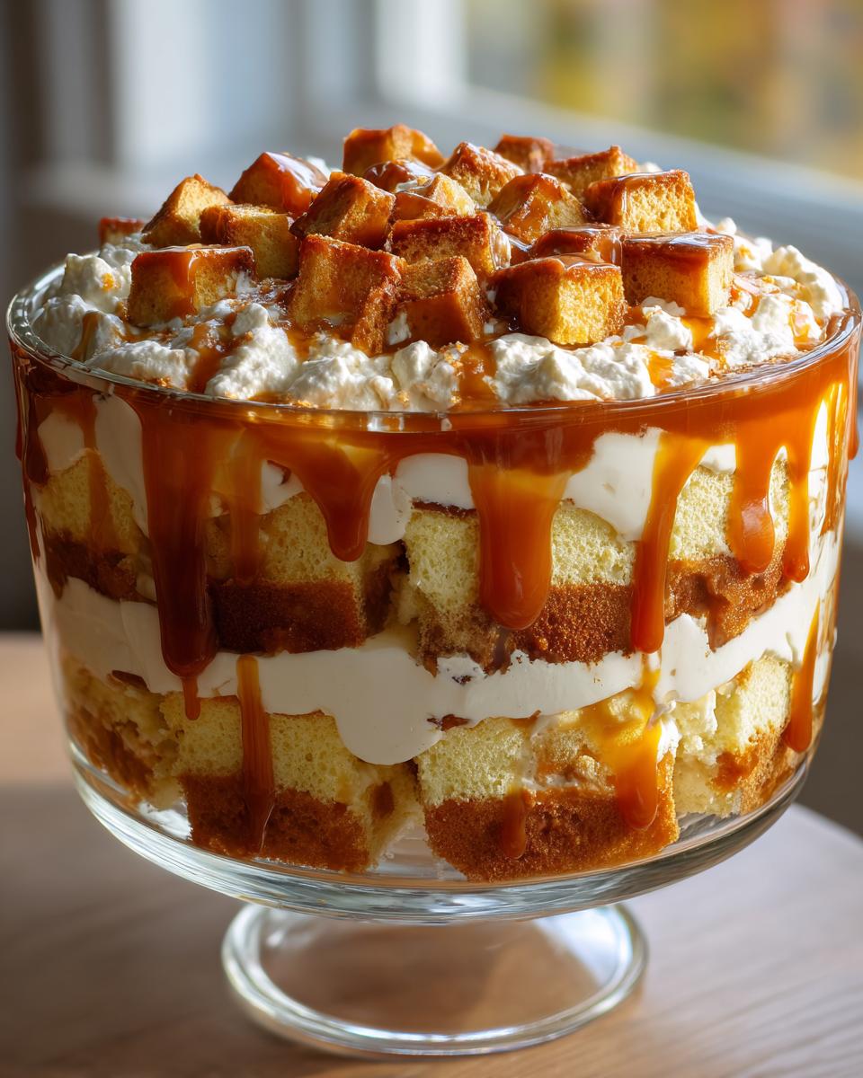 A towering, multi-layered caramel apple trifle featuring sponge cake, cream, and caramel sauce dripping down the sides.