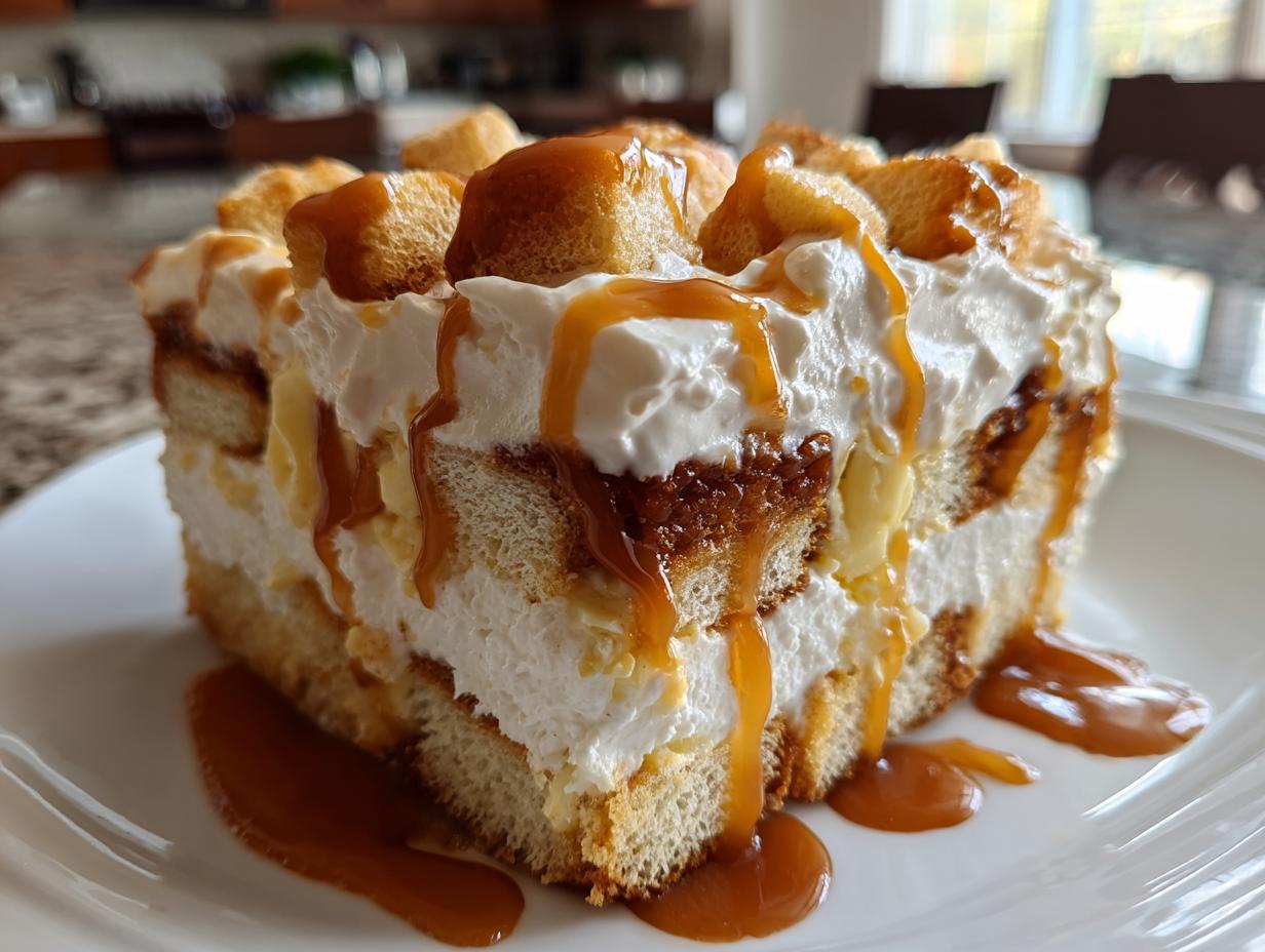 A decadent slice of caramel apple trifle featuring layers of cake, cream, and generous caramel drizzle.