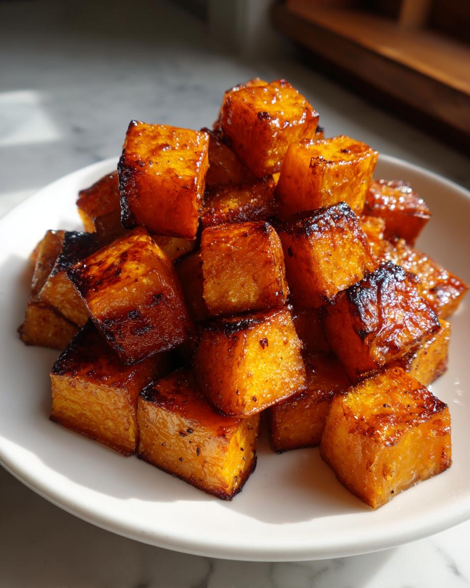 A close-up of perfectly caramelized and slightly charred roasted butternut squash cubes piled high on a white plate.