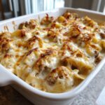Close-up of a bubbling, cheesy pierogi casserole baked in a white dish with a golden-brown crust.