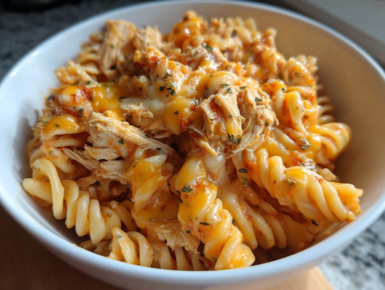 A close-up of a white bowl filled with creamy, cheesy chicken enchilada pasta made with rotini noodles and topped with melted cheddar.