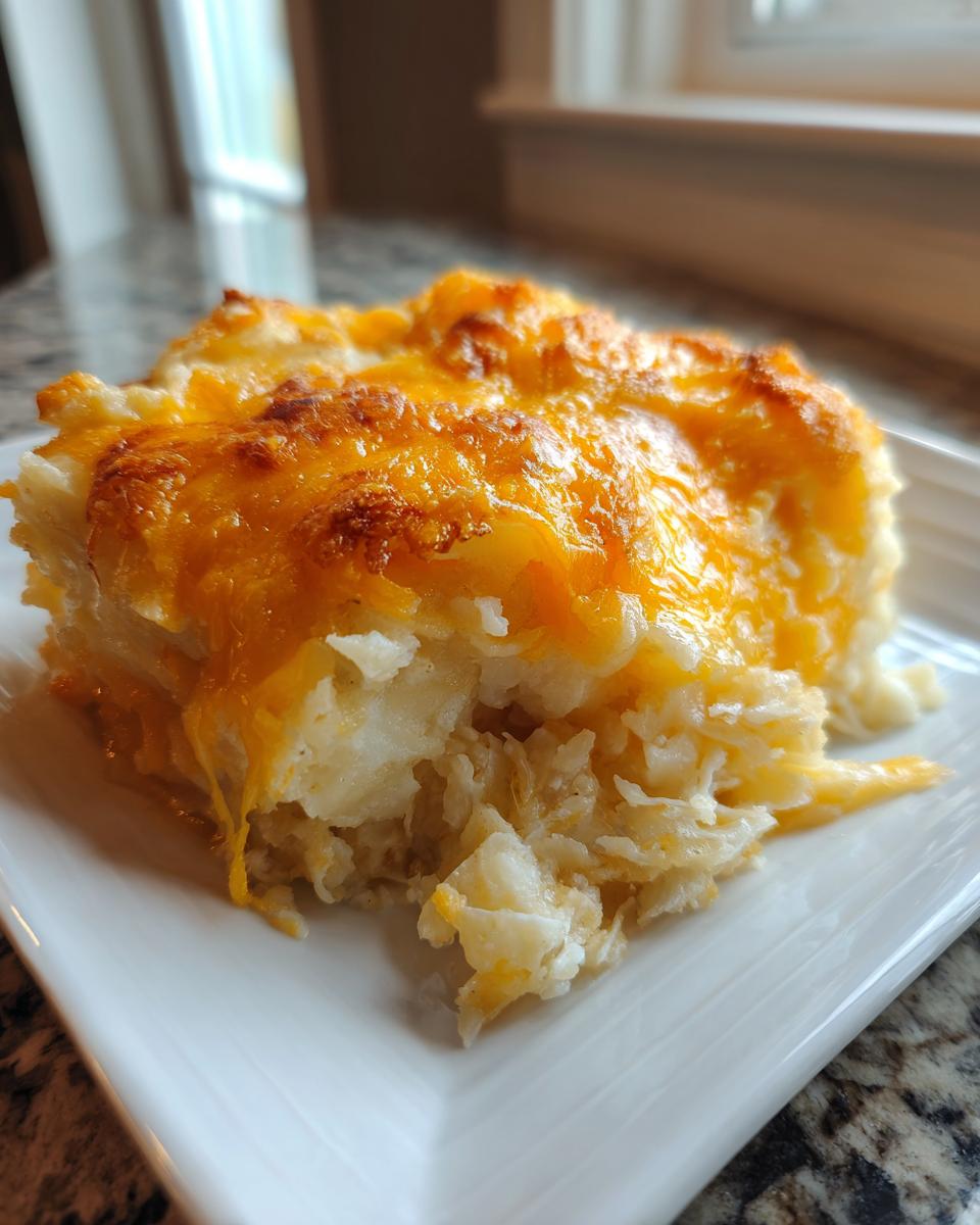 A close-up of a square serving of cheesy potato casserole topped with melted, browned cheddar cheese.