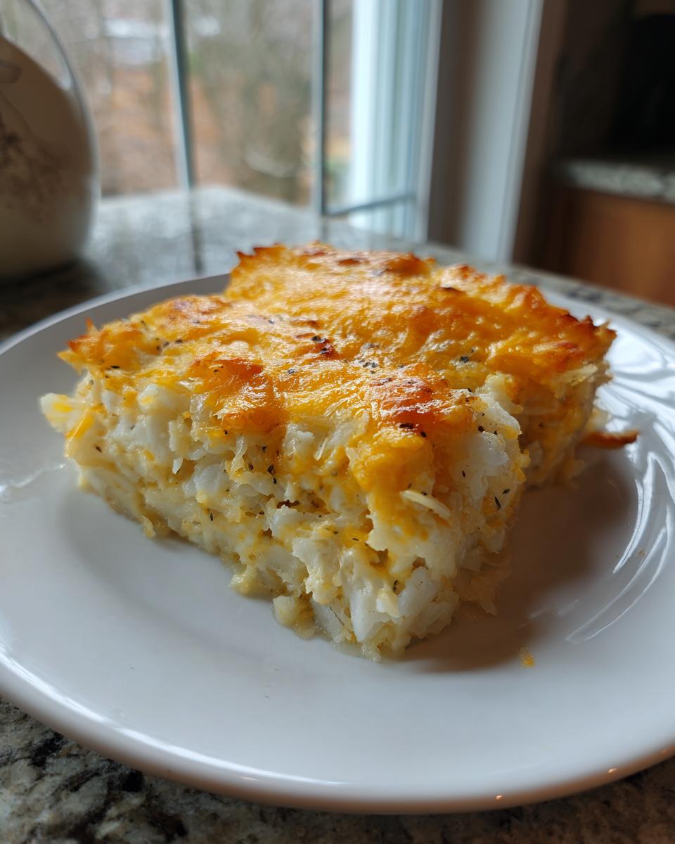 A square serving of cheesy potato casserole topped with melted, bubbly cheddar cheese on a white plate.