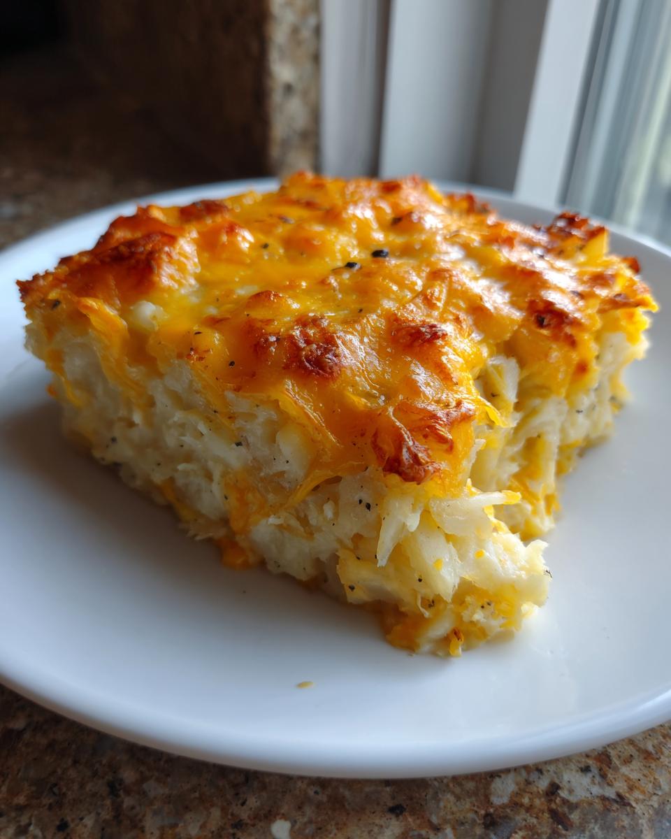 A square serving of cheesy potato casserole featuring shredded potatoes and a thick, melted, golden-brown cheddar cheese topping.