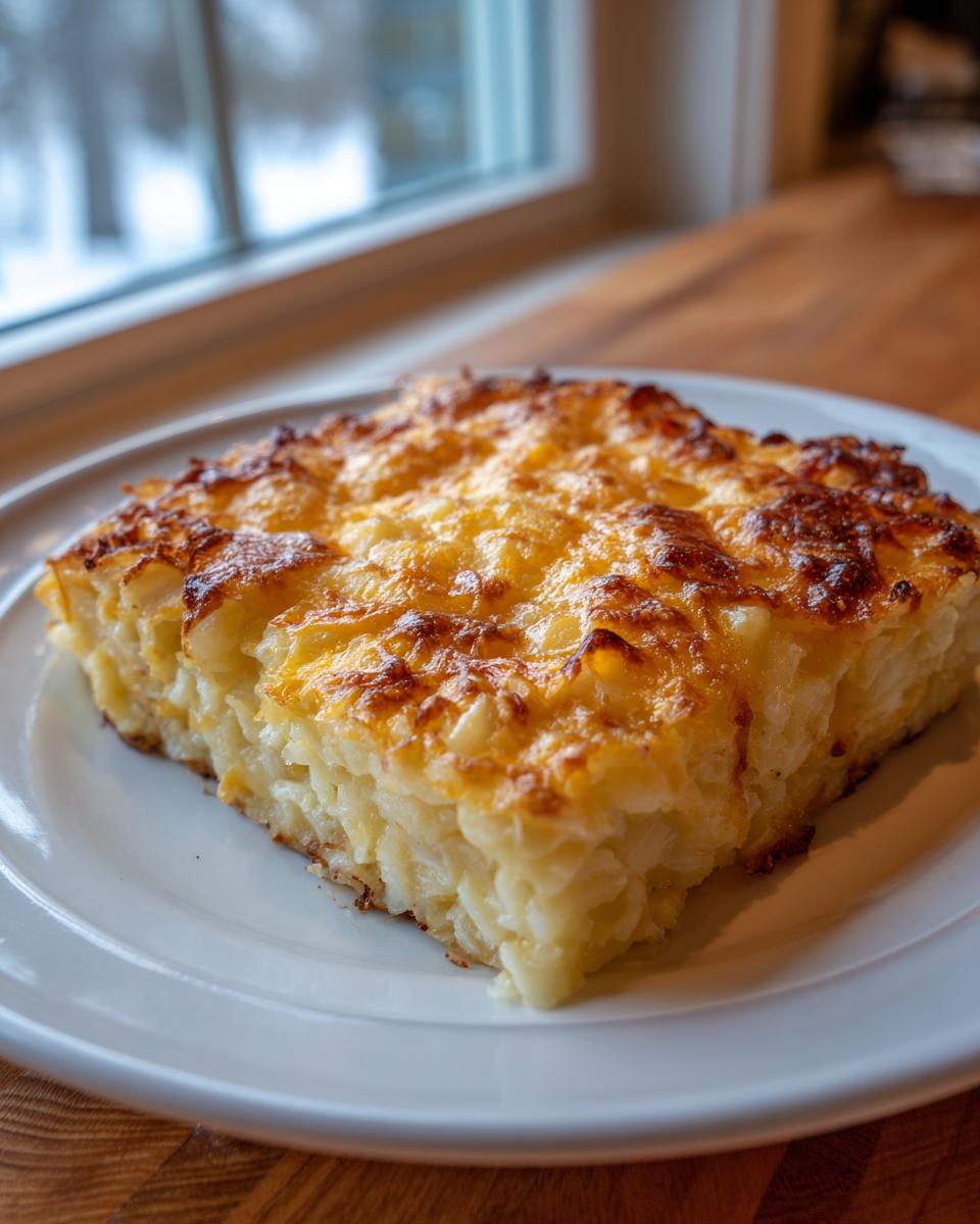 A square serving of cheesy potato casserole with a deeply browned, bubbly cheese topping, served on a white plate.