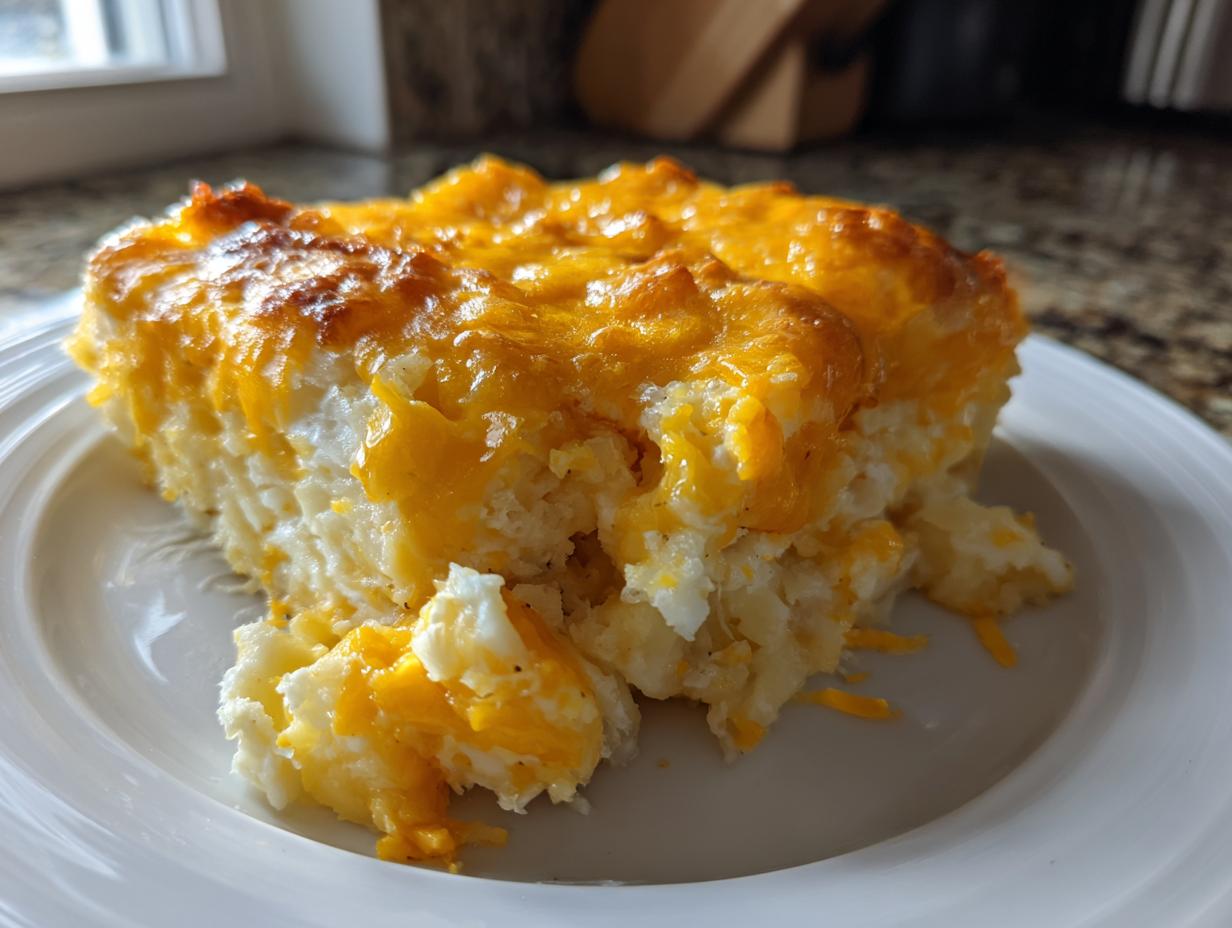 A generous serving of rich, cheesy potato casserole with a bubbly, golden-brown cheddar cheese topping on a white plate.
