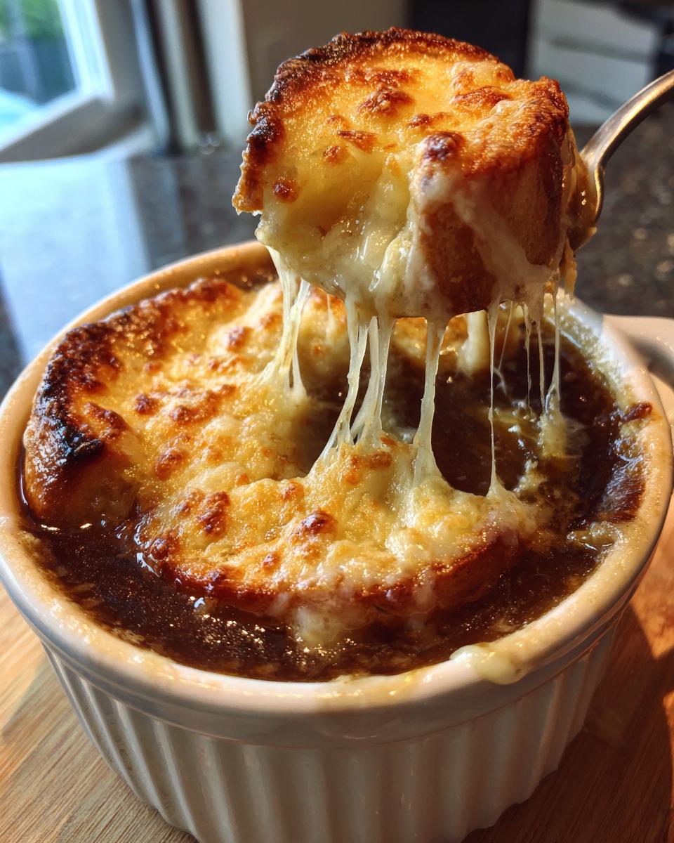 Spoon lifting a piece of cheesy, toasted bread from a bowl of rich french onion soup recipe.