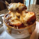 A spoonful lifts cheesy, melted topping from a bowl of french onion soup recipe.