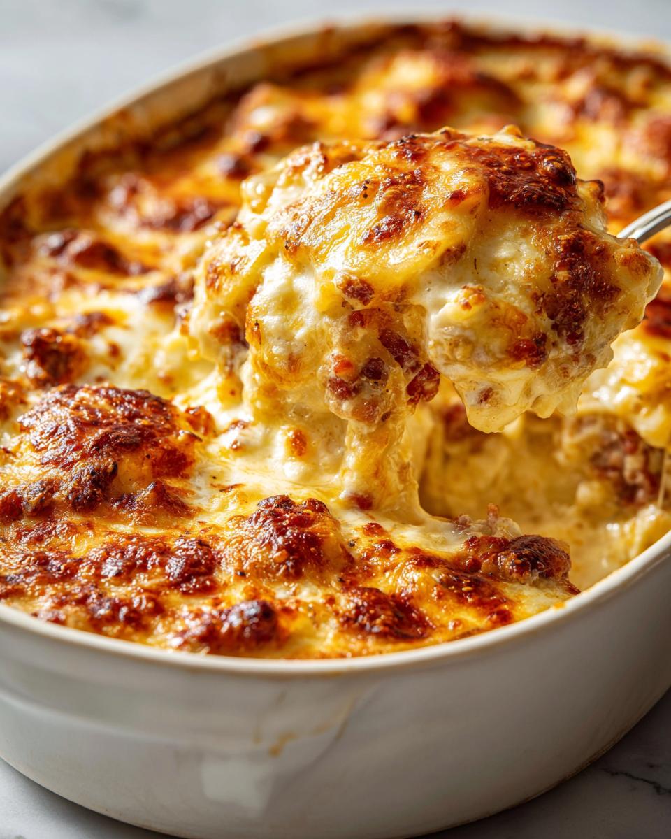 A spoonful of creamy, cheesy pierogi casserole being lifted from a white baking dish, showing a golden-brown crust.