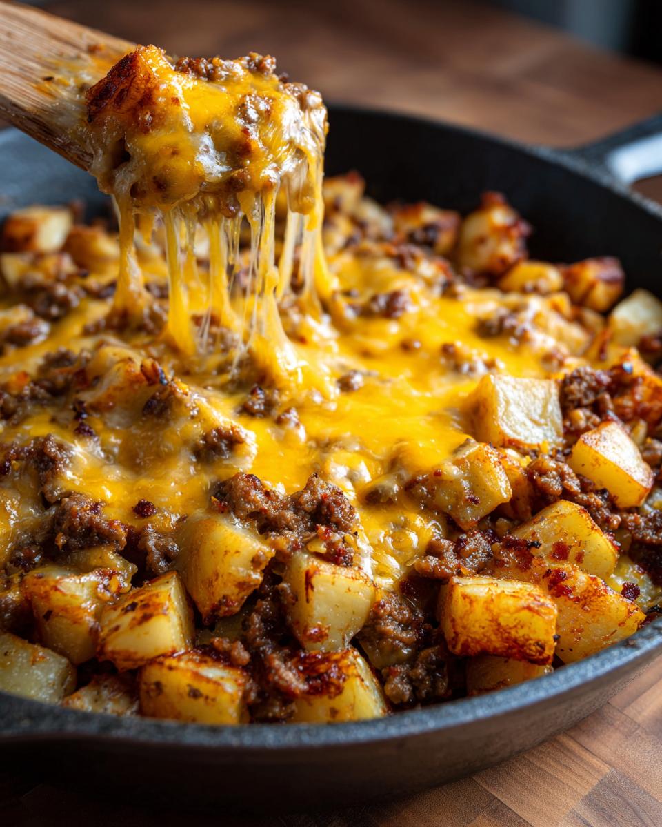 A wooden spoon lifts a portion of Cheesy Taco Potatoes, showing melted, stringy cheddar cheese stretching between the spoon and the skillet.