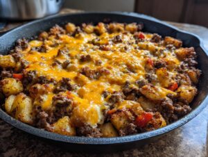 Close-up of Cheesy Taco Potatoes featuring seasoned ground beef, golden potatoes, and melted cheddar cheese in a black skillet.