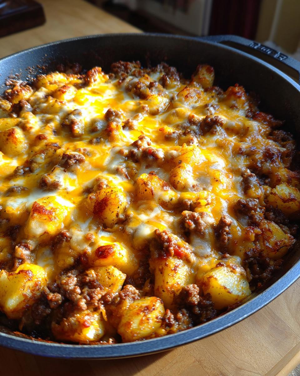 A close-up view of bubbling Cheesy Taco Potatoes topped with melted cheddar and ground taco meat in a cast iron skillet.