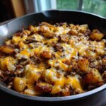 Close-up of Cheesy Taco Potatoes featuring seasoned ground meat and roasted potatoes topped with melted cheddar and Monterey Jack cheese.