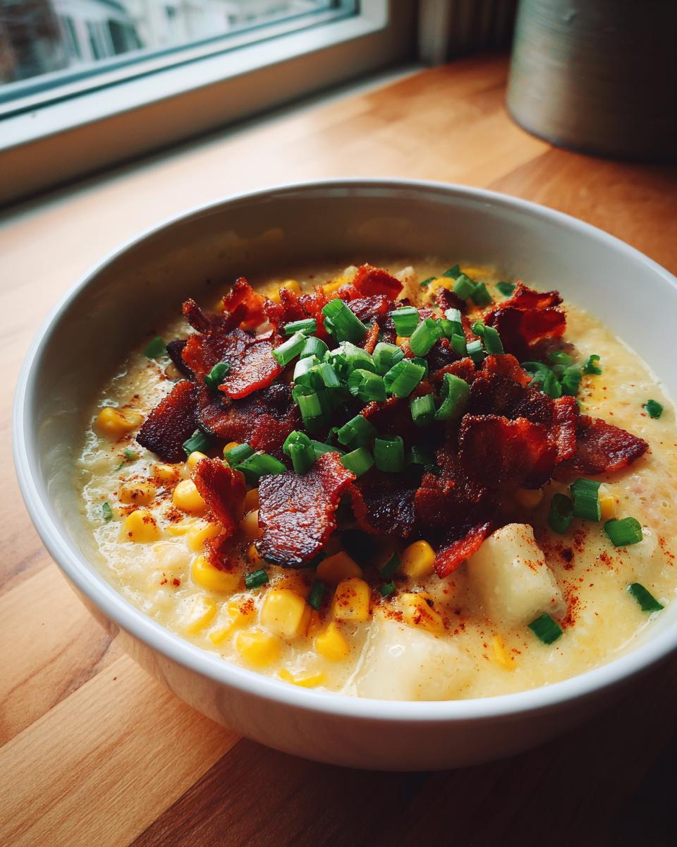 A close-up of a creamy bowl of chicken corn chowder topped generously with crispy bacon pieces and fresh green onions.