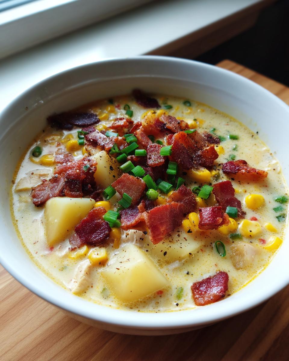 A close-up of a bowl of creamy chicken corn chowder loaded with potatoes, corn, bacon, and green onions.
