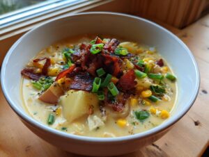 A close-up of a creamy bowl of chicken corn chowder, topped generously with crispy bacon bits and fresh green onions.