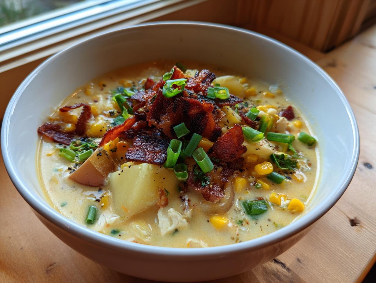 A close-up of a creamy bowl of chicken corn chowder, topped generously with crispy bacon bits and fresh green onions.