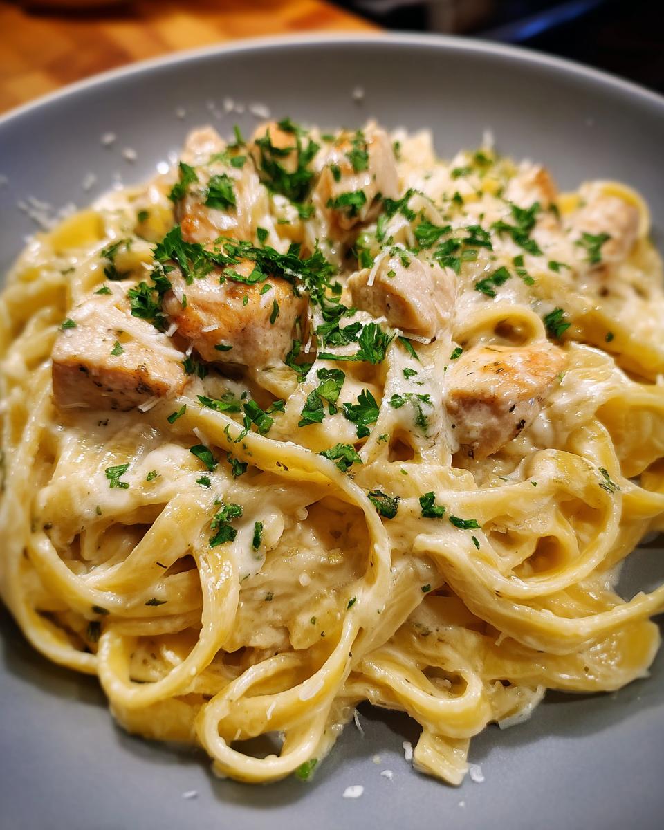 A close-up of creamy chicken fettuccine alfredo pasta topped with fresh parsley and Parmesan cheese.
