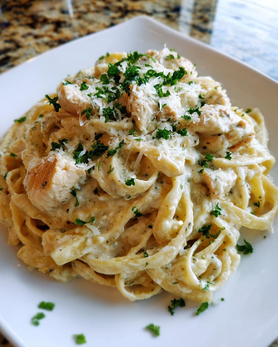 A close-up of creamy chicken fettuccine alfredo pasta topped with grated Parmesan and fresh parsley.