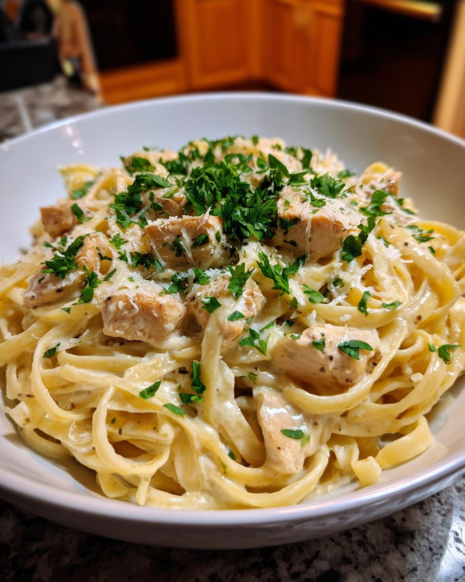 Close-up of creamy chicken fettuccine alfredo pasta topped with fresh parsley and grated Parmesan cheese.