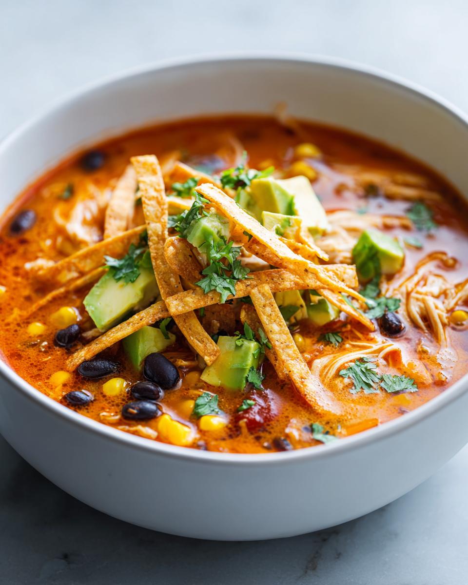 Close-up of a bowl of rich, orange-red chicken tortilla soup topped with avocado, black beans, corn, and crispy tortilla strips.