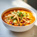 A close-up of a vibrant bowl of chicken tortilla soup topped with avocado, crispy tortilla strips, and cilantro.