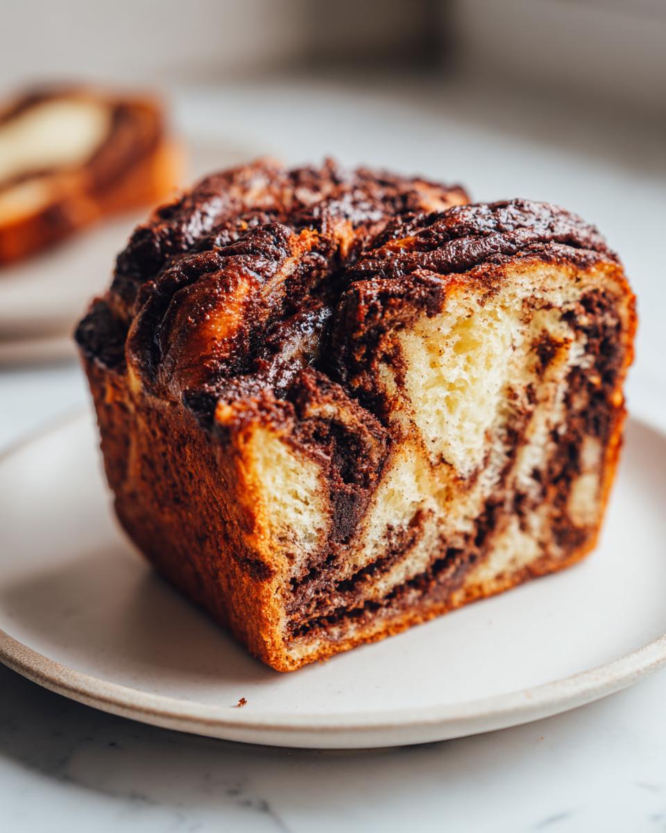 A thick slice of homemade chocolate babka showing rich chocolate swirls in the golden bread dough.