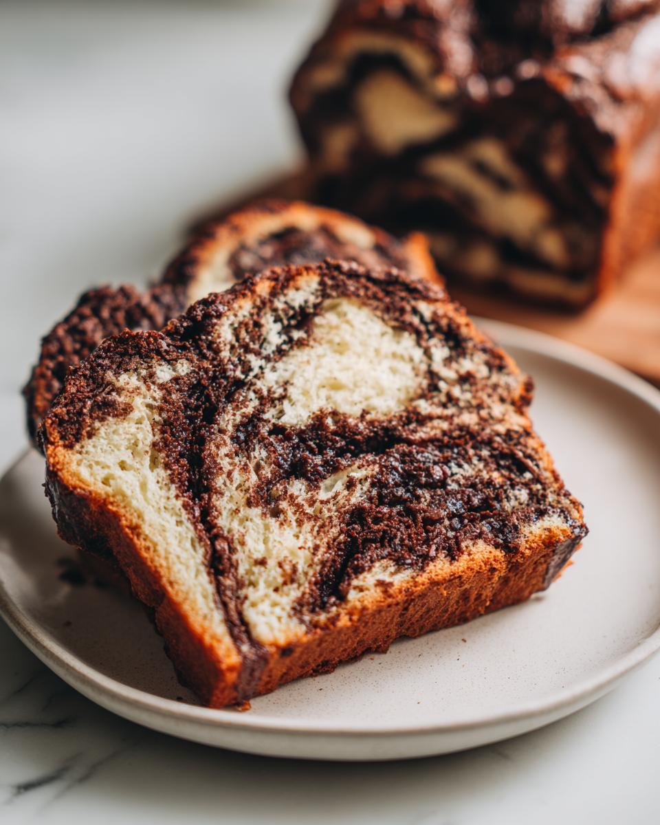 Close-up of two thick slices of homemade chocolate babka showing the rich chocolate swirl inside, served on a light plate.