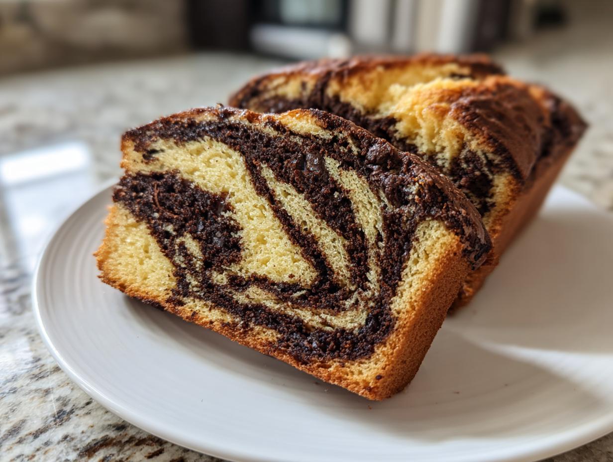 Close-up of two slices of homemade chocolate babka showing rich chocolate swirls in the light cake.