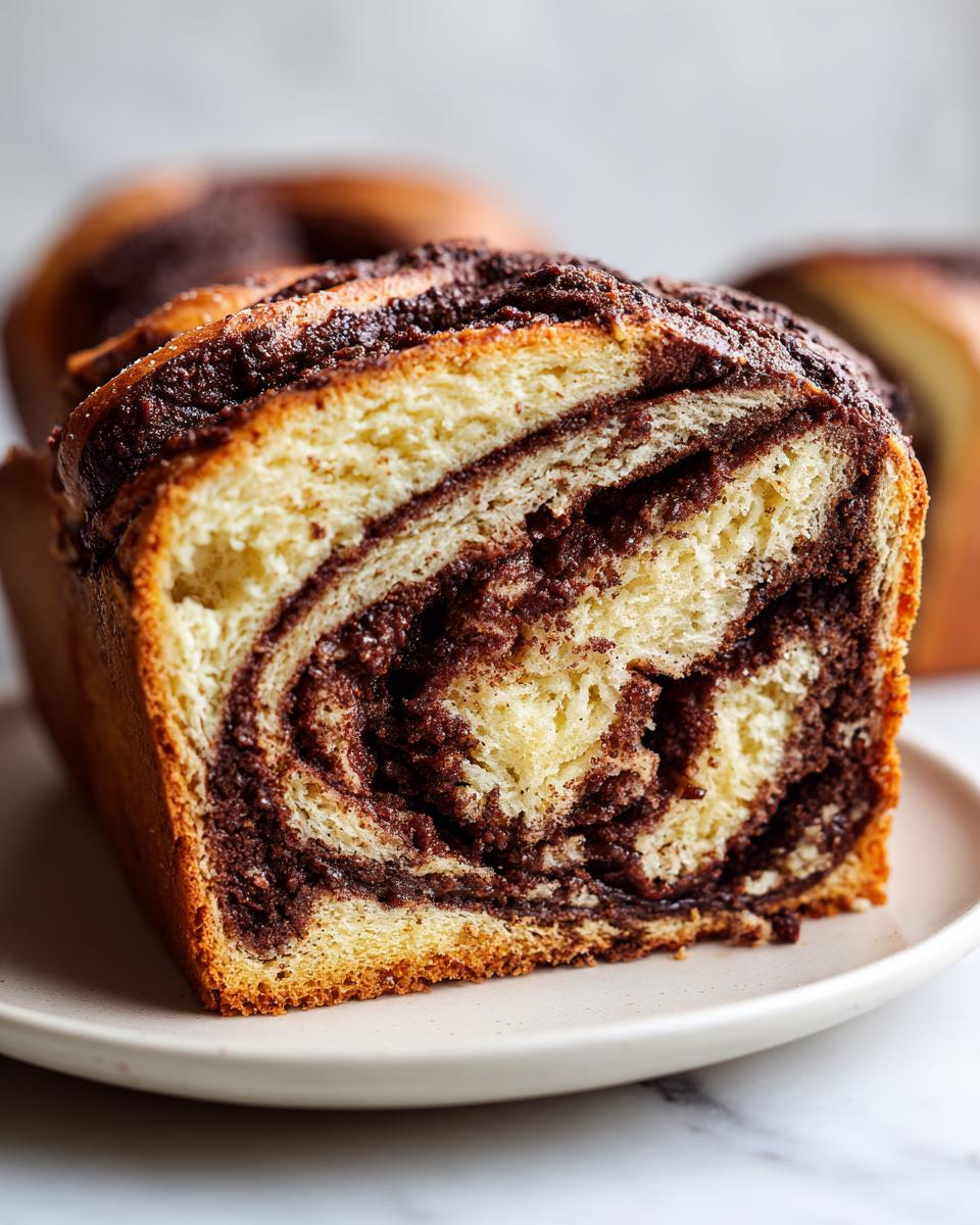 Close-up of a thick slice showing the beautiful swirl pattern inside a homemade chocolate babka.