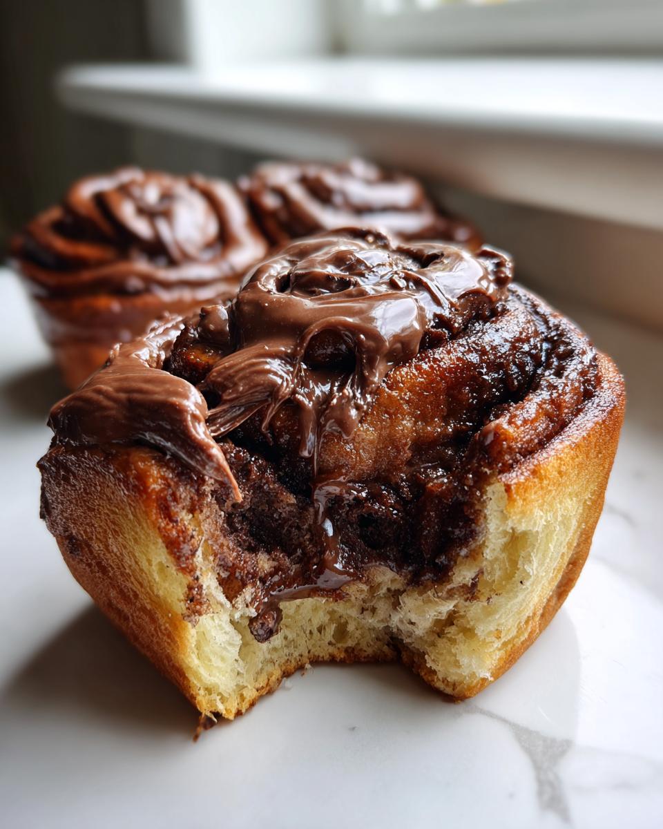 A close-up shot of a soft, gooey chocolate cinnamon roll with a bite taken out, drizzled with melted chocolate frosting.