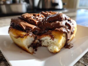 A close-up of a fluffy chocolate cinnamon roll generously topped with melted chocolate frosting, with a bite taken out.