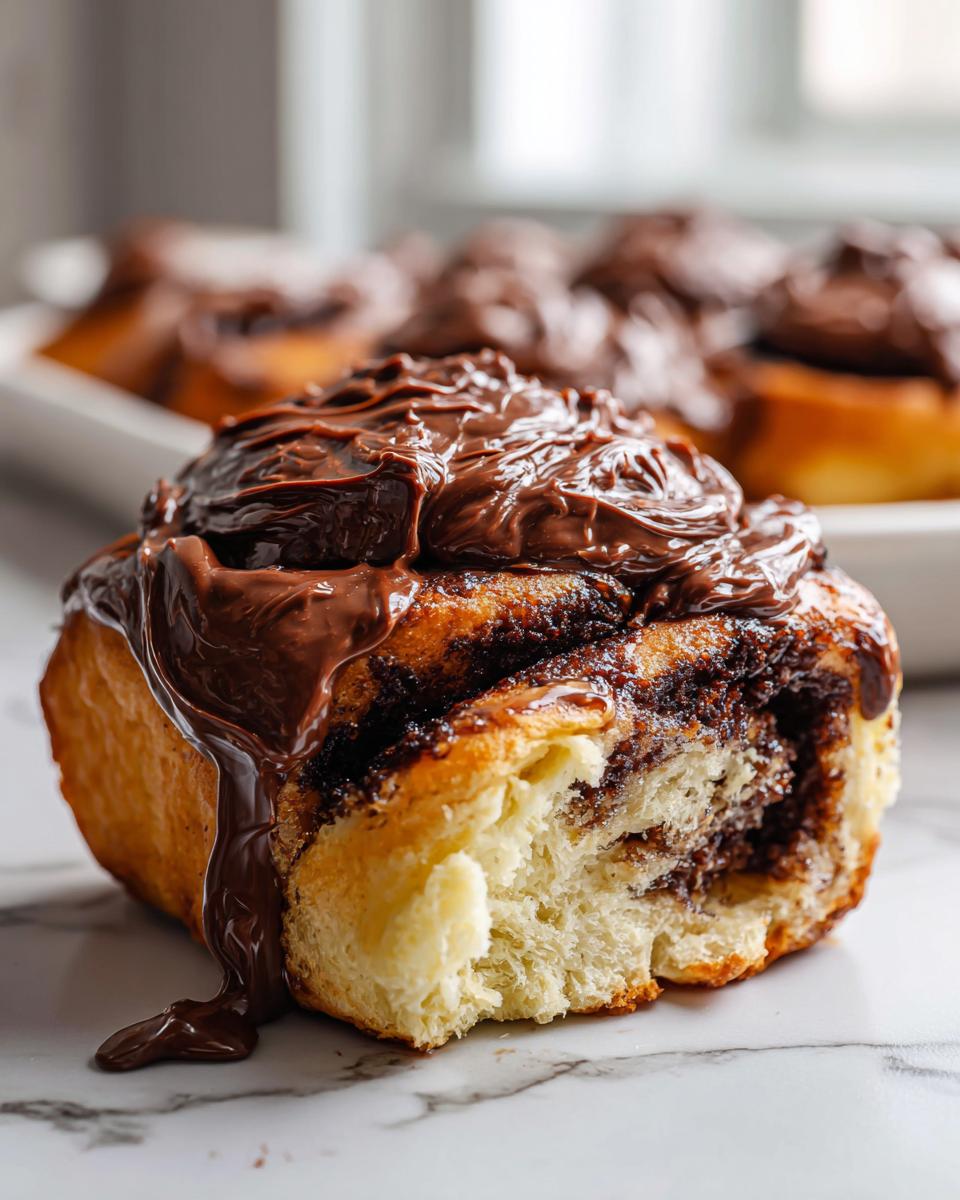 A close-up of one incredibly soft chocolate cinnamon rolls, generously topped with thick, melted chocolate frosting dripping down the side.