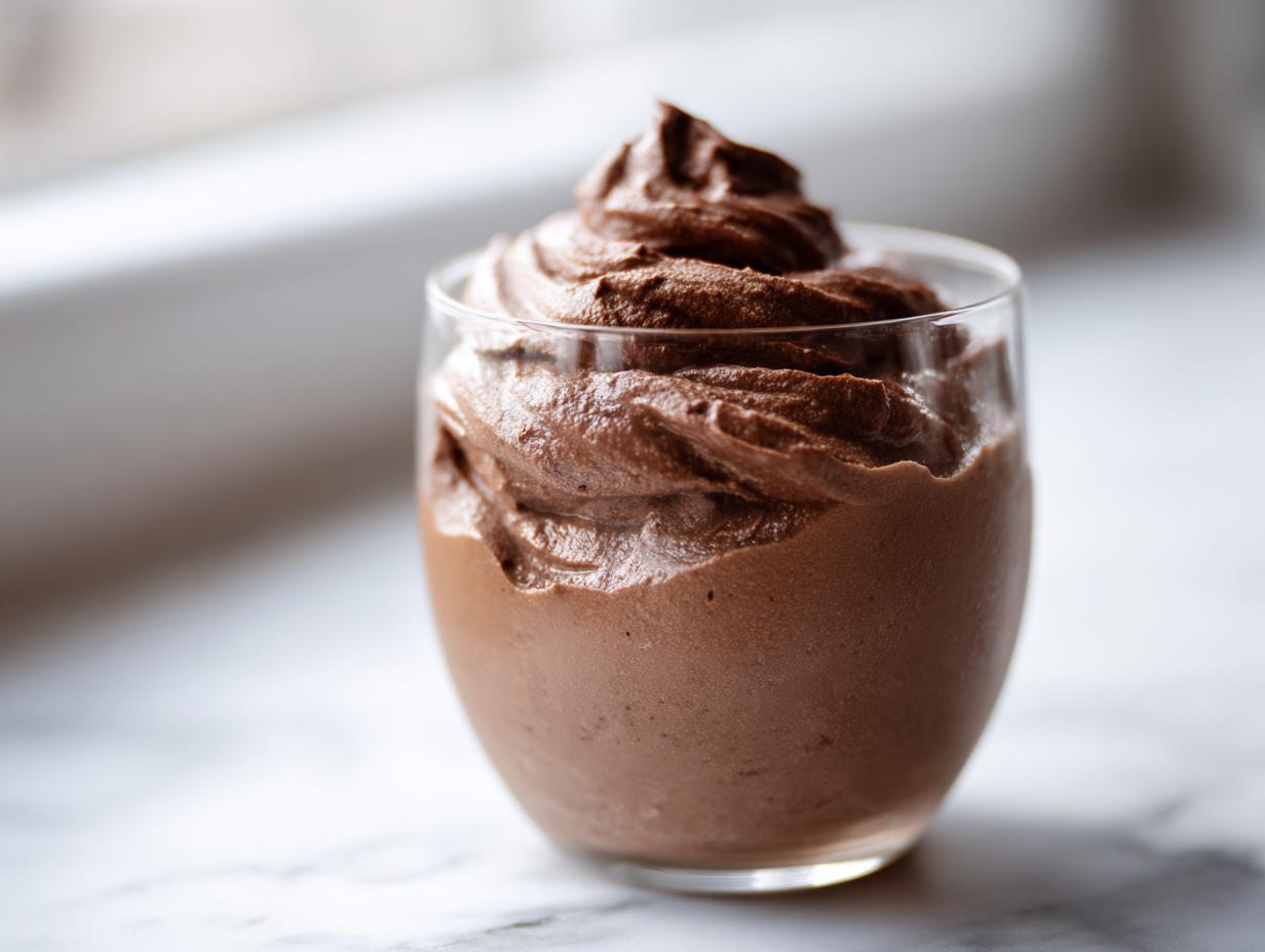 A close-up of rich, dark chocolate mousse piped high into a small clear glass, ready to eat.