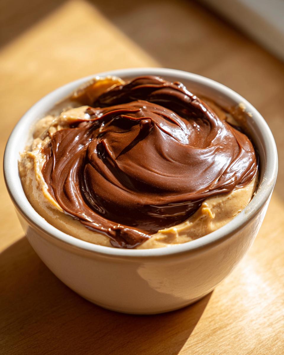 Close-up of a creamy peanut butter dip topped with a swirl of melted chocolate in a white bowl.