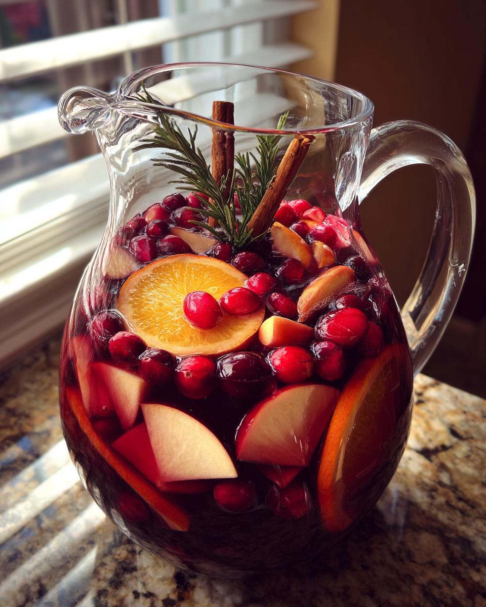 A clear glass pitcher filled with vibrant Christmas sangria, garnished with cranberries, orange slices, apples, cinnamon sticks, and rosemary.