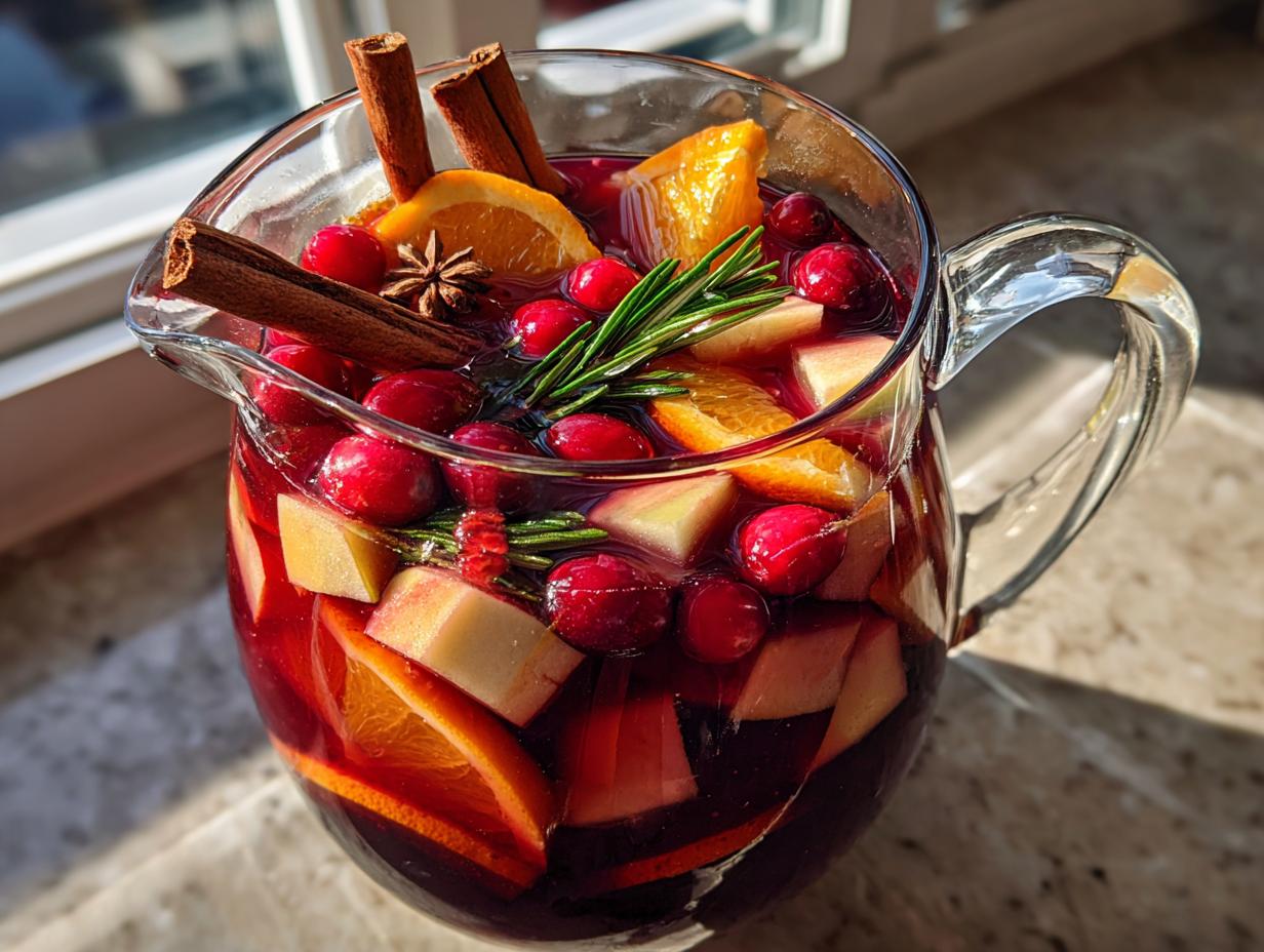 A clear glass pitcher filled with vibrant red Christmas sangria, garnished with oranges, cranberries, apples, cinnamon sticks, and rosemary.