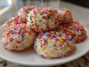 A close-up of several soft, round Christmas sprinkle cookies coated heavily in colorful nonpareils and sugar.