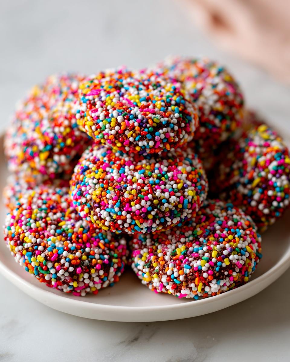 A close-up stack of rich, dark Christmas sprinkle cookies completely covered in vibrant, multi-colored nonpareils.