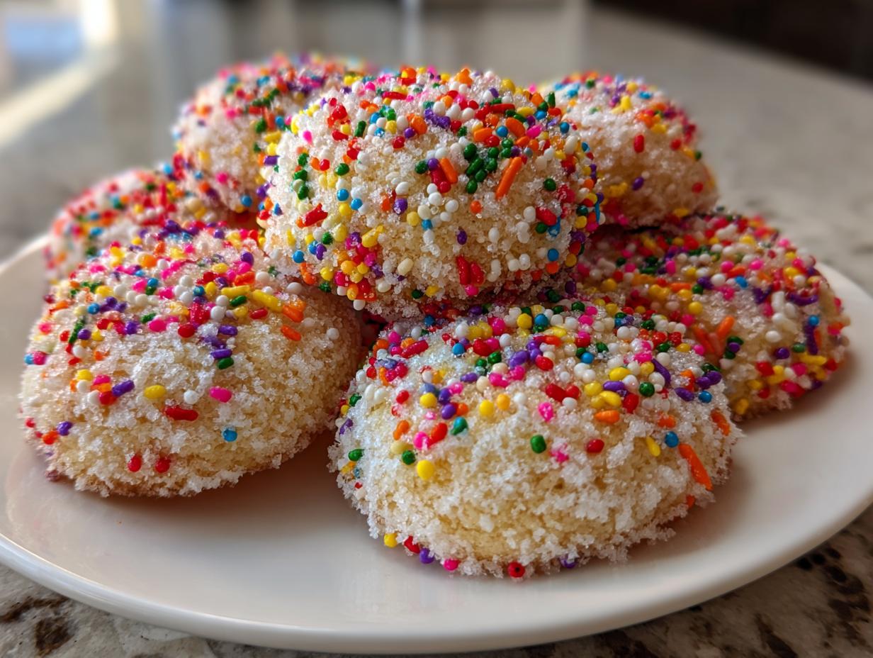 A close-up of several soft, round Christmas sprinkle cookies coated heavily in colorful nonpareils and sugar.