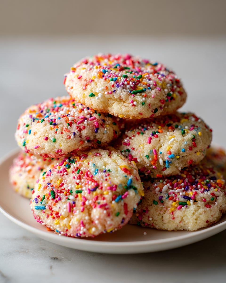 A stack of soft, round Christmas sprinkle cookies covered in colorful nonpareils on a white plate.