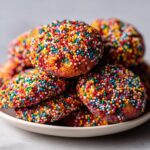 A close-up of a stack of vibrant Christmas sprinkle cookies completely covered in colorful nonpareils.